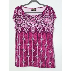 Bob Mackie Wearable Art Blouse Medium Pink Geometric Boat Neck Short Sleeve